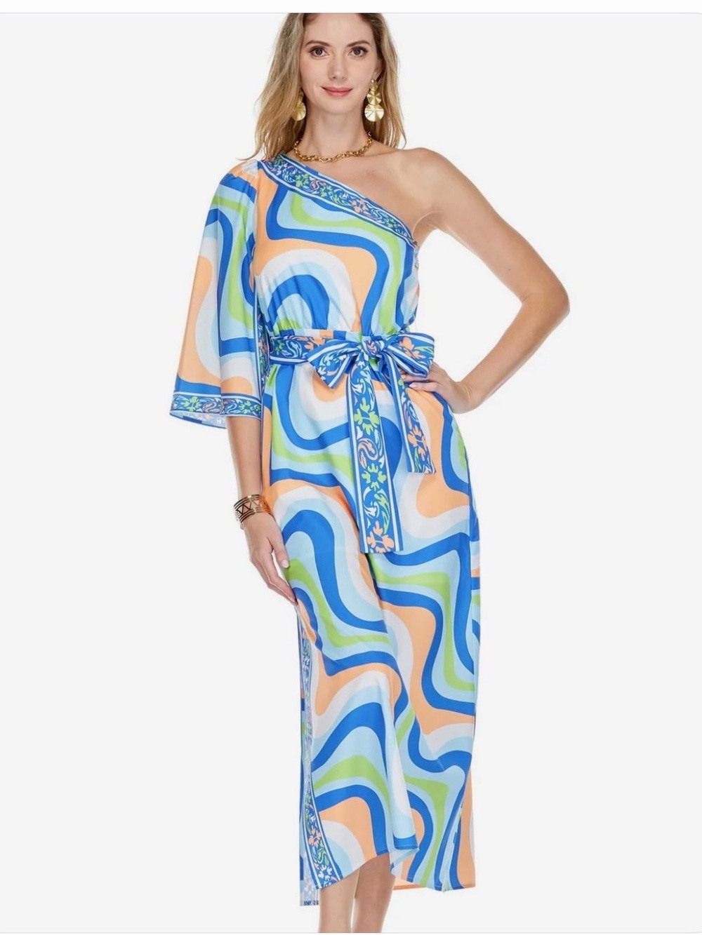 One-Shoulder Blue & Peach Wave-Print Midi Dress